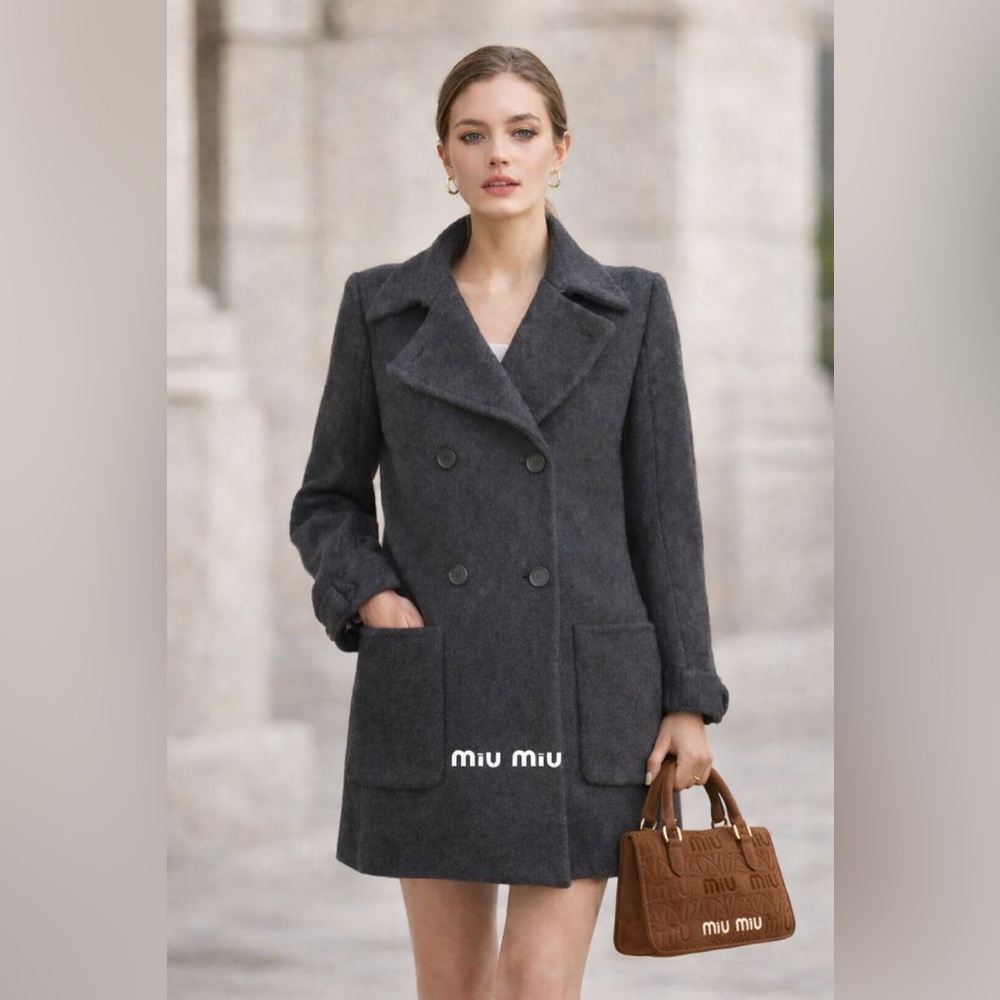 Miu Miu Grey Charcoal Double-Breasted wool Pea Coat size 38 made in Italy